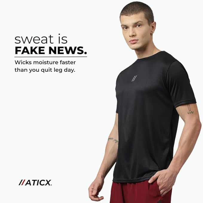 ATICX Slim Fit Polyester Sports T-Shirt for Men - Round Neck Quick Dry Fit Half Sleeve Breathable Stylish Gym & Workout Tee - Lightweight Running Cycling Football Swimming Training Sportswear Top - Image 2